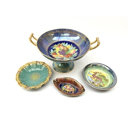  Mintons lustre ceramics comprising three pin dishes with Stag and Fruit designs and matching comport (a/f) (3)  