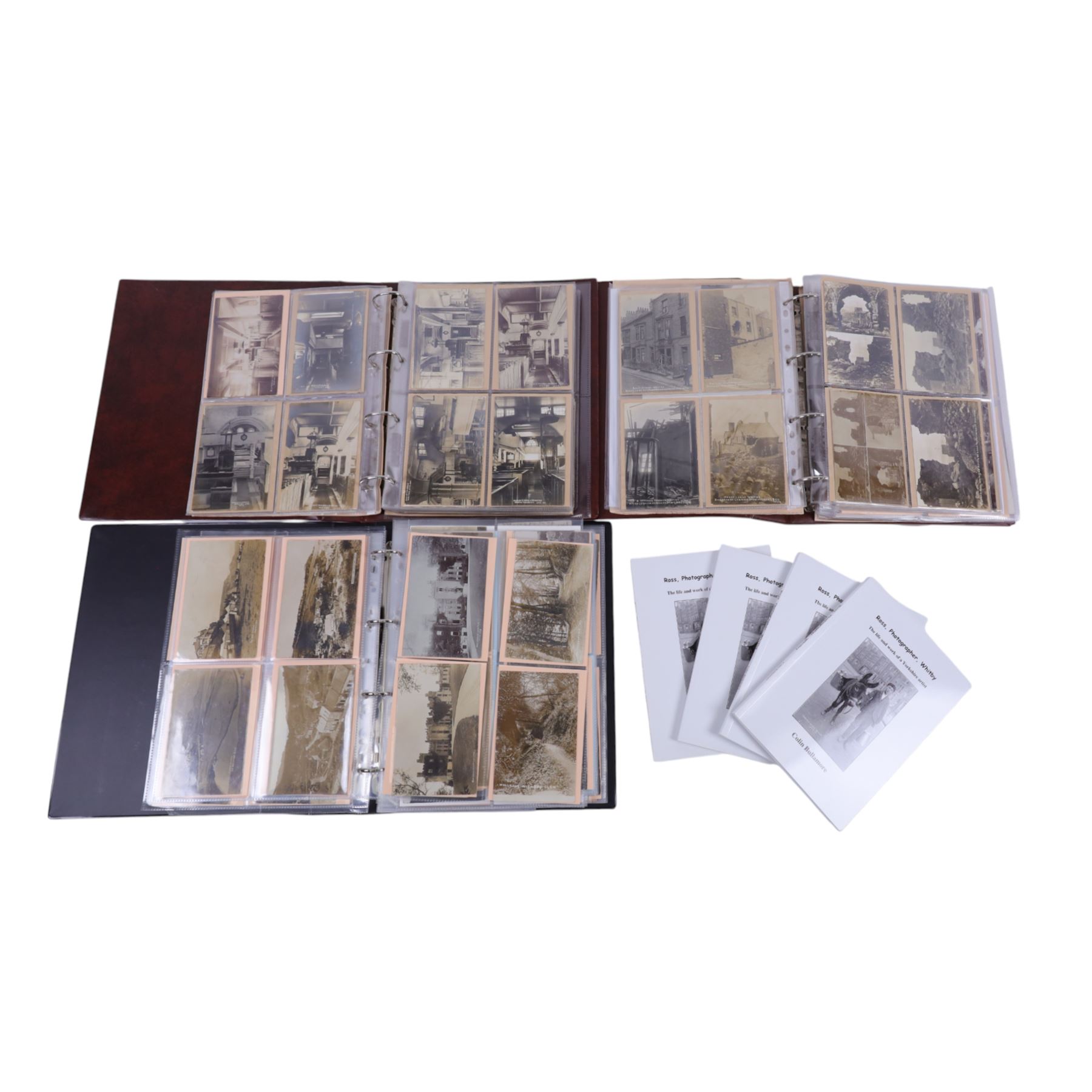 Five-hundred and thirty one late 19th and early 20th century real photographic postcards produced by J.T.Ross, depicting  daily life, village scenes, landmarks and street views of Whitby, the surrounding villages and South Teeside, including fifty-two modern copies, all housed within three postcard albums and accompanied by four copies of Ross, Photographer, Whitby 'The Life and Work of a Yorkshire Artist' by Colin Bullamore which provides a detailed overview of his life and work
