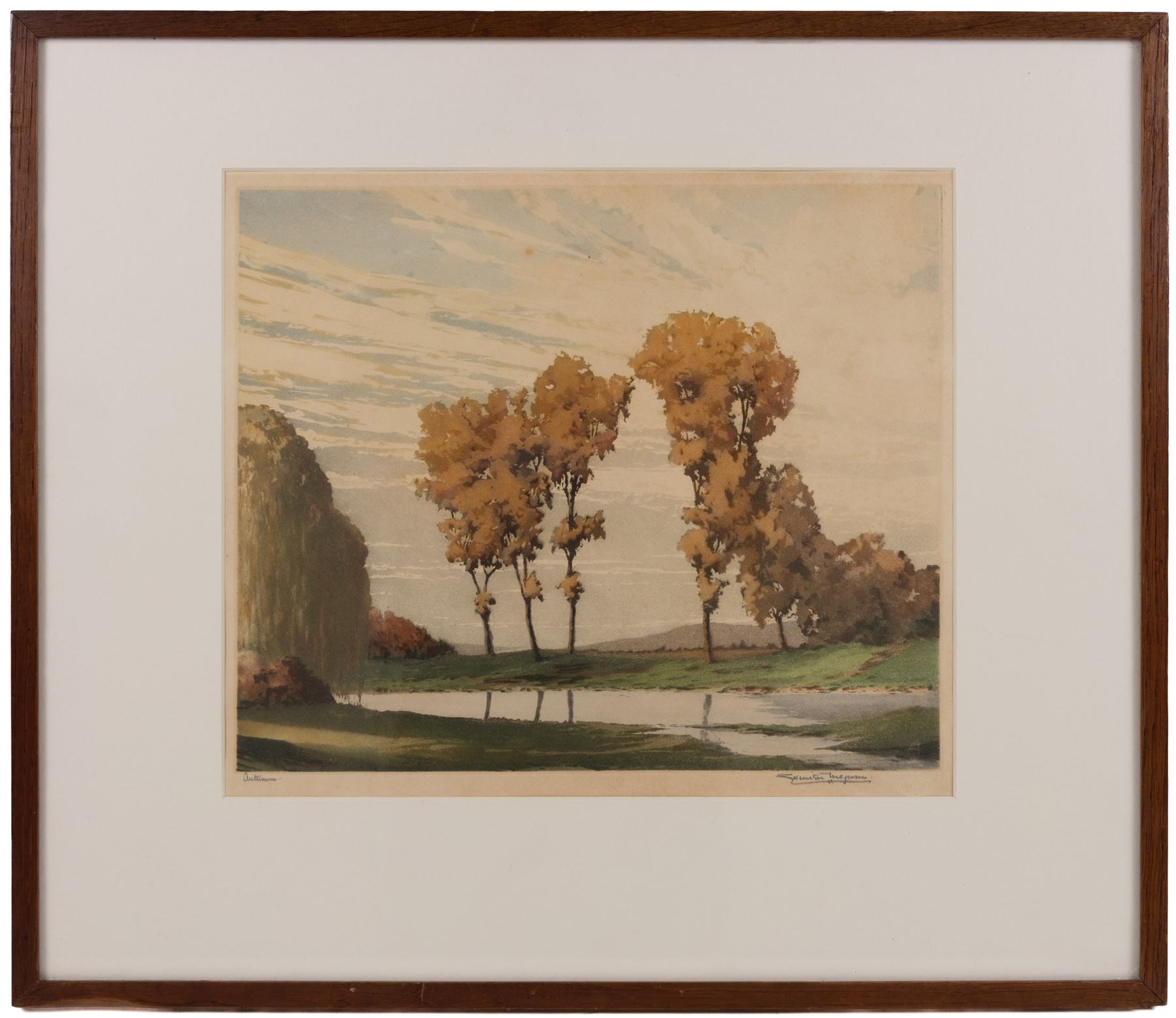 Winston Megoran (British 1913-1971): 'Autumn', coloured etching signed and titled on pencil, 29cm x 34cm; Joseph Frank Pimm (British 1900-1979): 'Derwent Water', coloured etching signed and titled in pencil 25cm x 35cm (2)