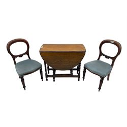 Pair of Victorian mahogany balloon back dining chairs (W49cm); 20th century oak drop-leaf dining table (W92cm); three small children's chairs (6)