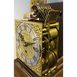  Early 20th century oak cased Grandmother clock with barley twist column hood door, square brass dial with triple fusee movement chiming the quarter hours on eight bells, H166cm  