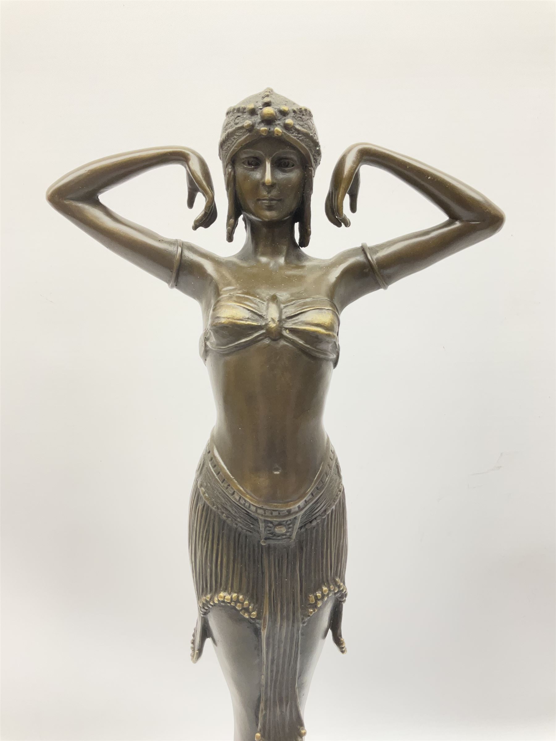 Art Deco style bronze figure of a dancer, after 'Berrard', raised upon a circular base, with foundry mark, H49cm