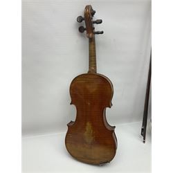 German trade violin in the Steiner style c1900 with 35.5cm two-piece maple back and ribs and spruce top L59cm overall; in fitted carrying case with two bows; and a Saxony violin with 35.5cm one-piece maple back and ribs and spruce top L58.5cm overall (2)