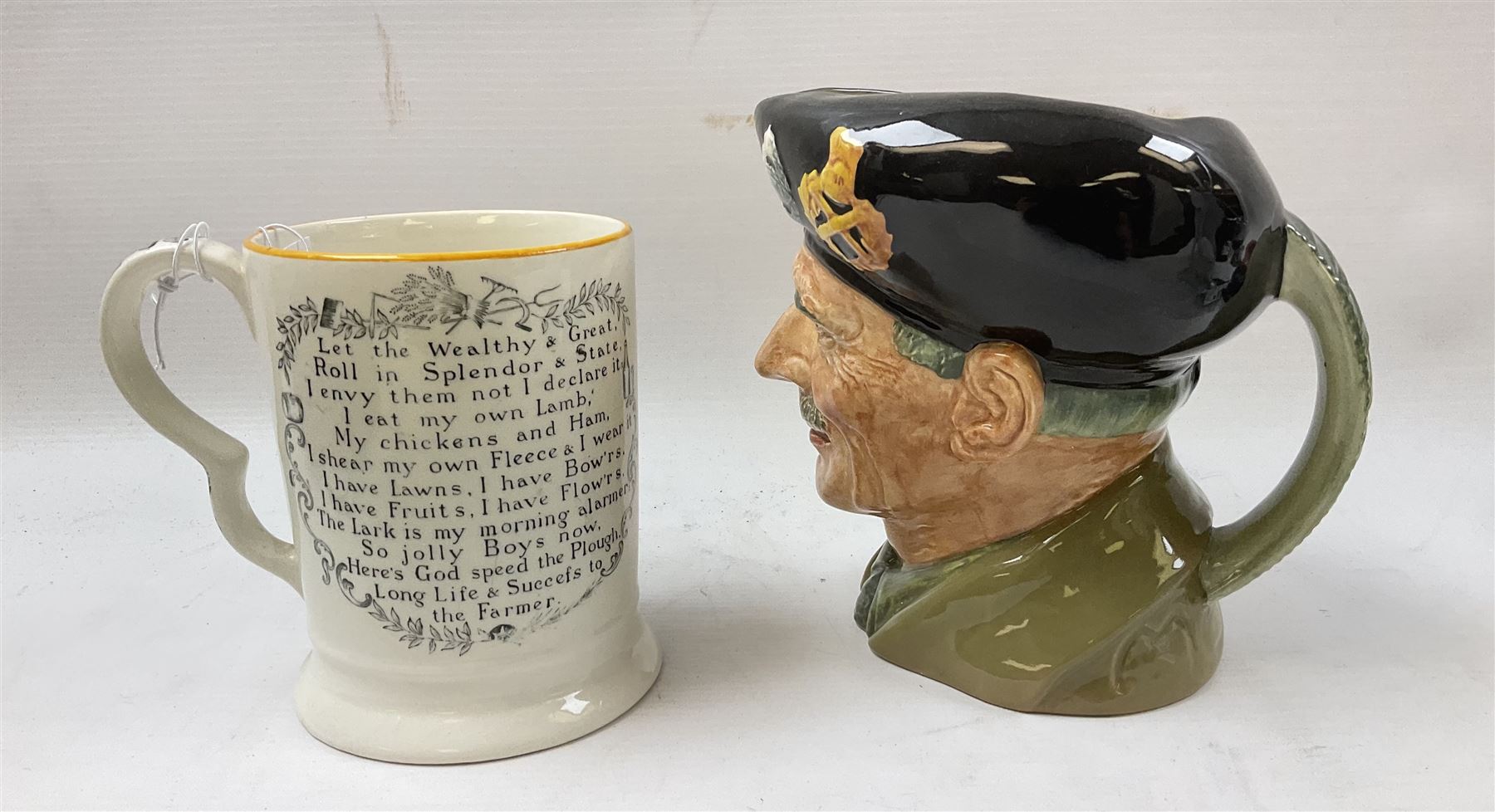 Adams 'The Farmers Arms' mug, transfer printed, H12.5cm, together with a Royal Doulton character jug 'Monty', H15.5cm