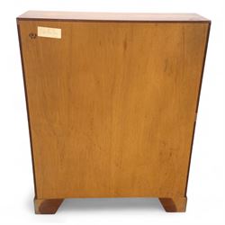 Mid-20th-century Georgian design cherrywood and burr walnut  veneered bureau, fall front with inset tooled leather writing surface revealing a fitted interior with small drawers and pigeon holes, and a central cupboard with oval inlay, over four long graduated drawers, raised on shaped bracket feet 