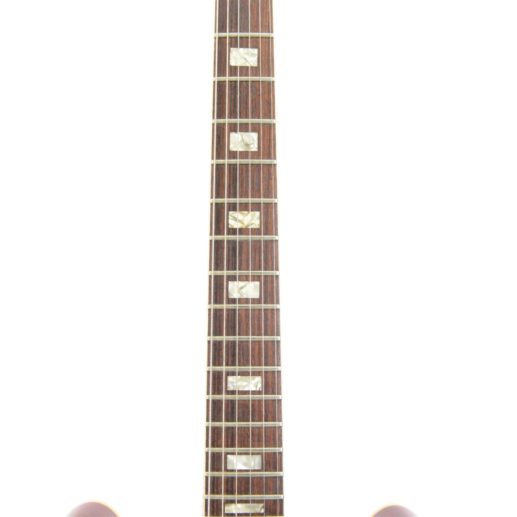 1967 Gibson ES-335 TDC electric guitar, in cherry red finish, made in USA, semi-hollow body, mother of pearl fret markers, original pick guard, original tuning pegs, contained within period hard case made in Philadelphia USA with orange velvet lining, guitar length L104cm