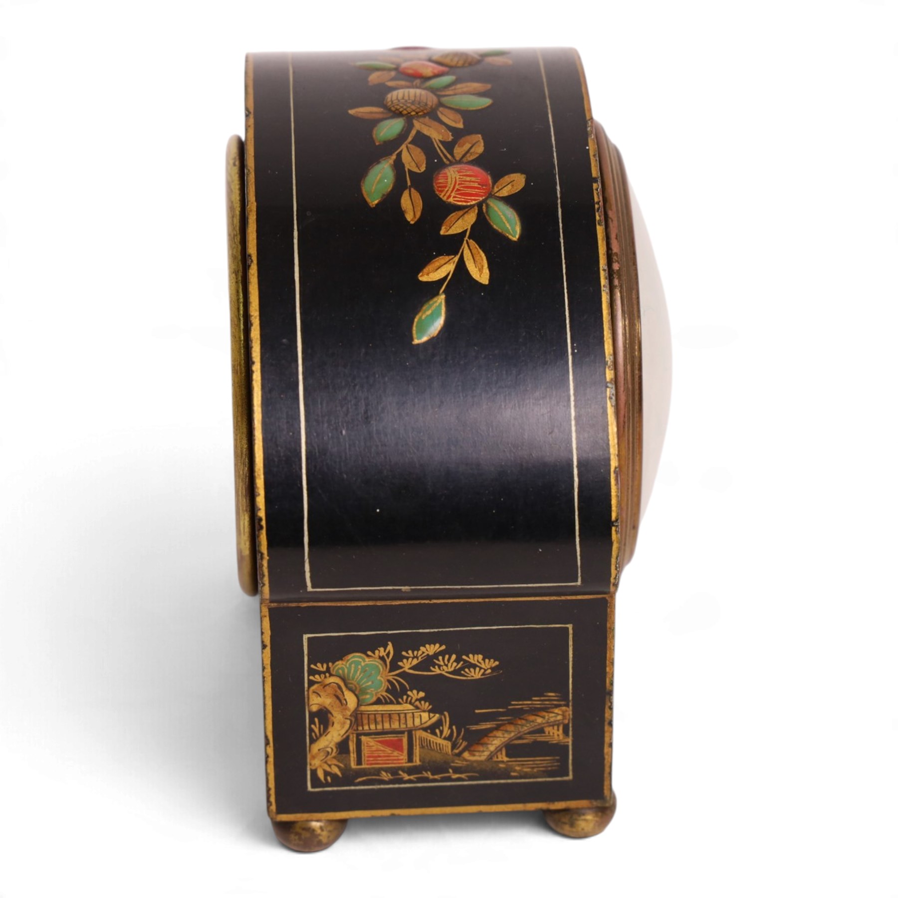 Winsor Bishop & Co - chinoiserie arched top mantel clock, circa 1930's, the dial with Roman numeral numbers, case decorated a garden upon a black ground, upon bun feet, H14cm