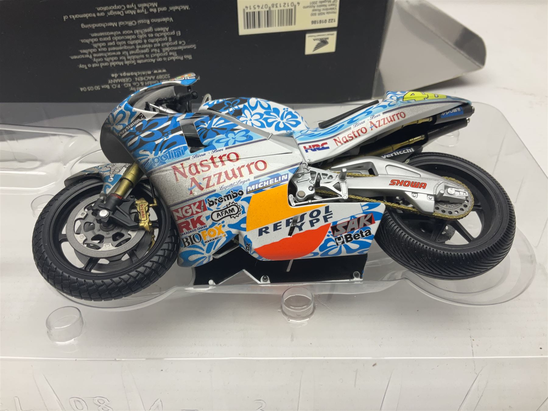 Two Minichamps limited edition Valentino Rossi Collection 1:12 scale die-cast motorcycles - Honda NSR500 Valentino Rossi Team Nastro Azzurro GP Donington 2000 with rider; and Honda NSR500 Valentino Rossi Team Azzurro GP Mugello 2001 Dirty Version; both boxed (2)