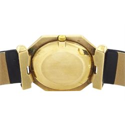 Bueche-Girod gentleman's 9ct gold quartz wristwatch, white dial with Roman numeral hour markers, London 1979, on black leather strap