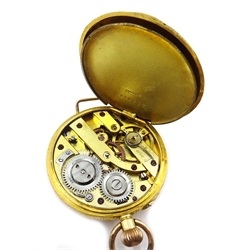  Continental gold enamel fob watch, stamped 18K, on velvet ribbon with gold T bar, clip and charm stamped 9ct, cased  