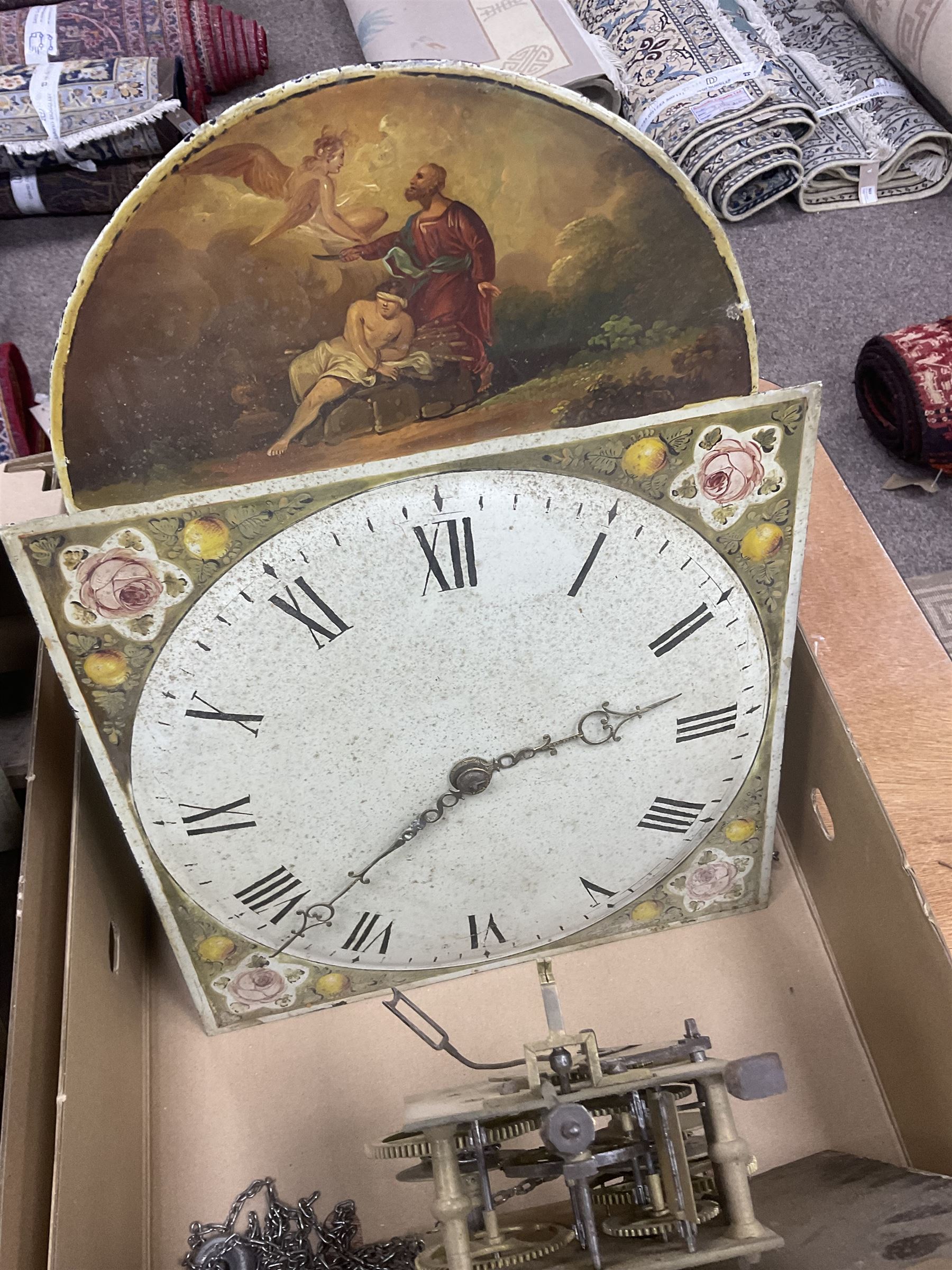 Six 19th century longcase clock movements, including brass dial by William Clark of Kendal, painted dial by Bartliff of Malton, etc
