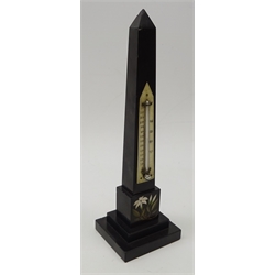  Victorian Ashford type Pietra dura black marble obelisk thermometer inlaid with flowers with ivory plate on stepped base H26.5cm   