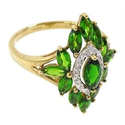 9ct gold green diopside garnet and diamond chip cluster ring, hallmarked