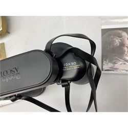 Pair of cased Boots Ascot binoculars, 10 x 50, Elizabeth & Phillip diamond wedding anniversary limited edition coin first day cover, Diana stamps, Cummles boxed Queen Elizabeth II enamel box, four Goebel Hummel figures, other ceramics and metal ware etc