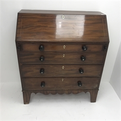  19th century inlaid mahogany bureau, fall front enclosing fitted interior, four graduating drawers, shaped bracket supports, W102cm, H118cm, D47cm  