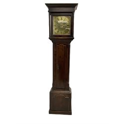 An 18th century oak cased longcase clock by M Thomas & Sons, Carnarvon c1780, flat topped hood with a wide cornice and plain frieze, glazed hood door flanked by two shaped pillars, with a long trunk and  door with a break arch top, with canted and reeded corners on a short plinth with a raised conforming break arch panel and skirting, 13” brass dial with an engraved centre,  small semi-circular date aperture and disc behind, with a subsidiary seconds dial, non-matching steel hands and scroll spandrels, Engraved chapter ring with roman numerals, five minute Arabic's and minute markers, dial pinned directly to an eight day rack striking movement, striking the hours on a cast bell. With weights, pendulum and key.    
Michael and Morris Thomas are recorded as working together in Carnarvon 1769-94.




