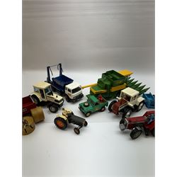Collection of predominantly late 1970s/early 1980s Britains diecast vehicles and farming equipment, including Corn King, tractors, JCBs, horsebox, skip lorry, etc together with figures and accessories