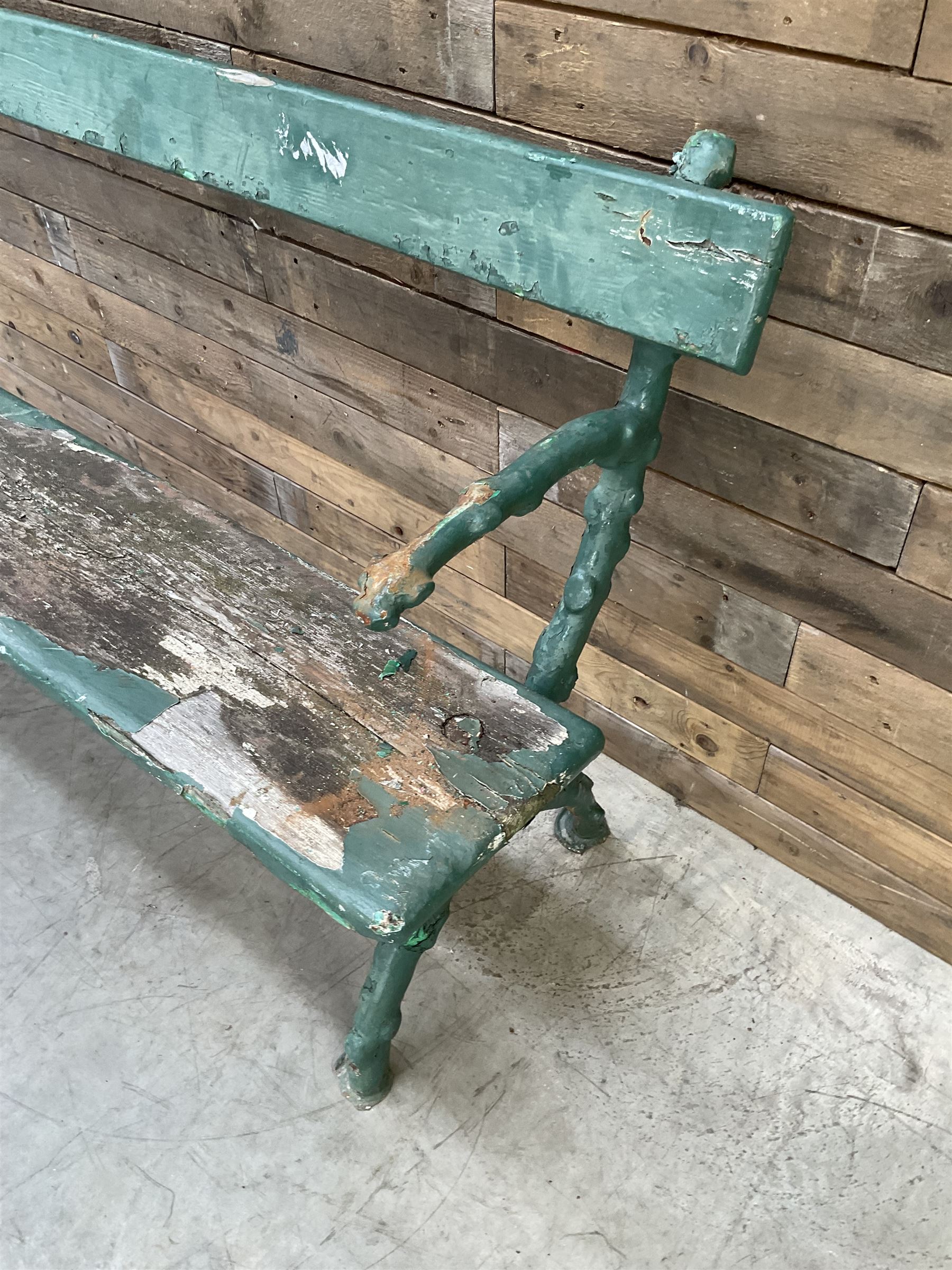 Early 20th century cast iron framed faux bois garden bench, timber seat and back rest