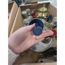 Five Wedgewood glass animals, iridescent mushroom paperweight, Type 6 Eccles brass safety lamp and a collection of metalware, glassware etc