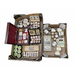 19th century mahogany sewing box containing various needle packets, James Chadwick & Bros cotton box, another labelled J & P Coats containing Coats threads, a small leather sewing box with threads, scissors and needles, W. & J. Knox Linen Thread in original box, various reels of Linen Weaving Twist etc in two boxes