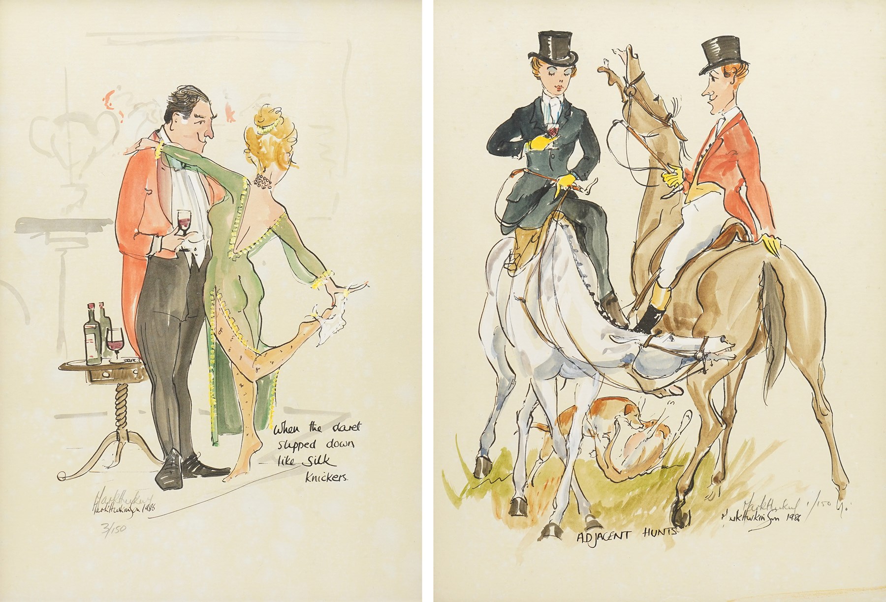 Mark Huskinson (British 1935-2018): 'Adjacent Hunts' and 'When the Claret Slipped Down like Silk Knickers', pair of limited edition prints finished with watercolour and acrylic signed and numbered 1/150 and 3/150 in pencil max 43.5cm x 30.5cm (2)