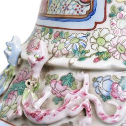 Large pair of 19th century Cantonese famille rose vases, each painted with various courtly scenes, including a display of warriors fighting on horseback before an official and his attendants, double Buddhist lion handles and applied at the shoulders with chilong, the lower band painted with Greek key motif, H58cm (2)