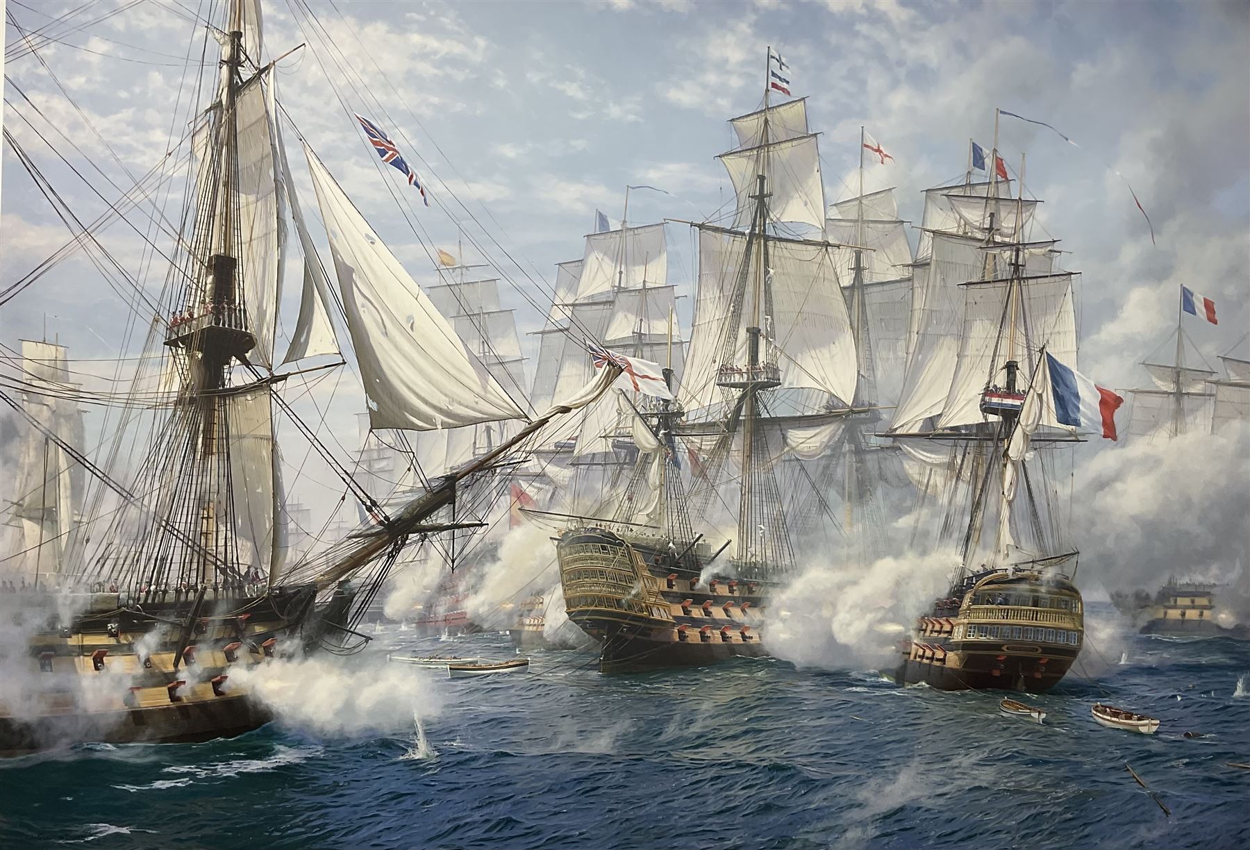 John Steven Dews (British  1949-): ‘Temeraire Opens Fire - Battle of Trafalgar’, limited edition print on canvas numbered 157/1805, 112cm x 162cm