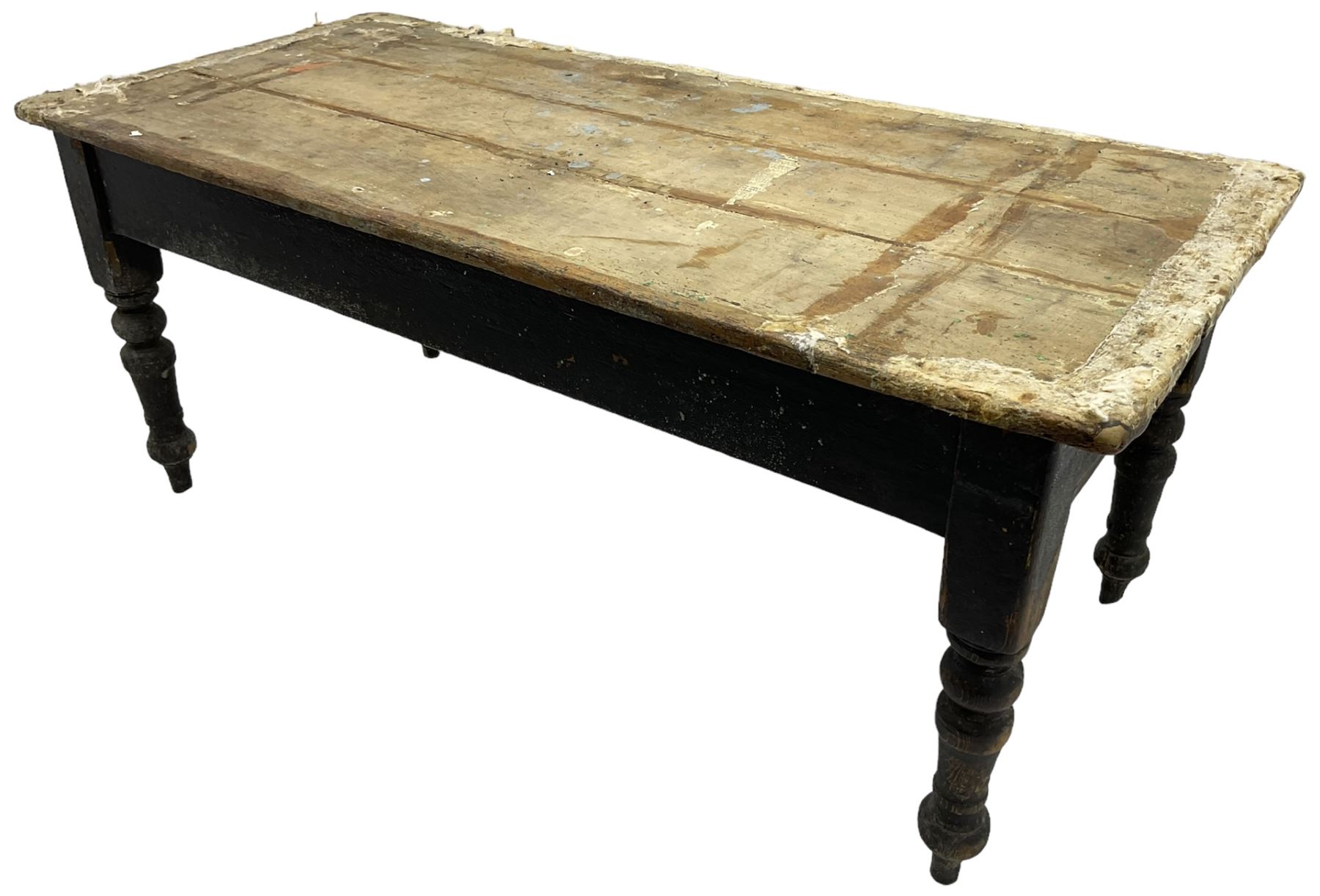 Victorian pine farmhouse dining table, rectangular plank top on painted base, fitted with two end drawers, on turned supports 