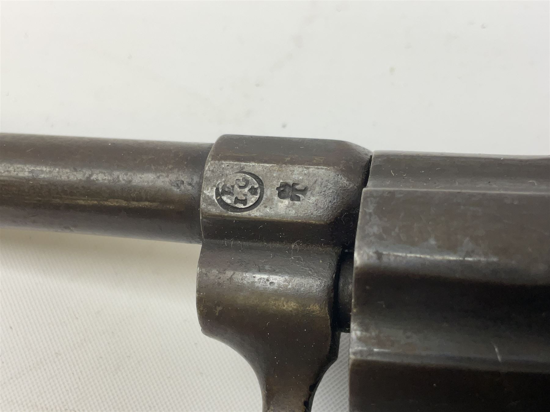 19th century Belgian Flobert 7mm pin-fire revolver with six-shot cylinder, 7cm octagonal to round barrel, folding trigger and walnut stock incorporating ejector rod in butt L18cm overall