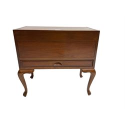 Chinese hardwood sewing or work box, rectangular hinged lid, raised on cabriole supports