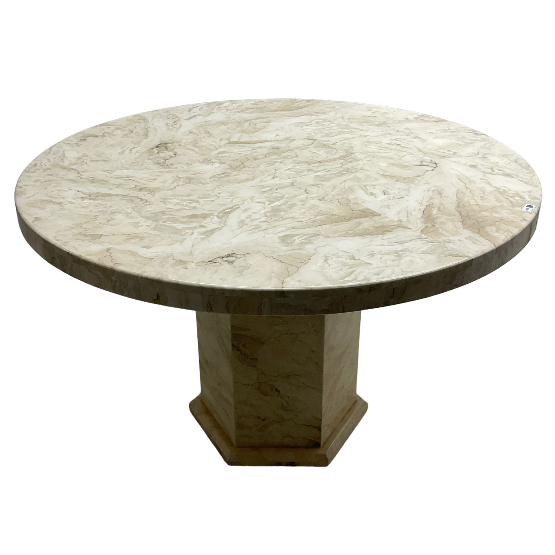 Classical design marble dining or centre table, circular top raised on hexagonal pedestal base