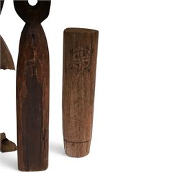 Hand carved folk art figures, including totems, mushroom and cat, largest H34cm