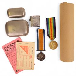Pair of WW1 medals awarded PTE HM Watson of Sherwood Rangers, silver vesta case engraved H...