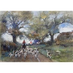 Rowland Henry Hill (Staithes Group 1873-1952): North Yorkshire Foxhounds on a Country Lane, watercolour signed and dated 1908 
Provenance: private collection, purchased David Duggleby Ltd 16th September 2013 Lot 43; exh. Phillips & Sons, Cookham, November 1980