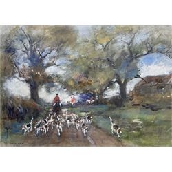 Rowland Henry Hill (Staithes Group 1873-1952): North Yorkshire Foxhounds on a Country Lane, watercolour signed and dated 1908 
Provenance: private collection, purchased David Duggleby Ltd 16th September 2013 Lot 43; exh. Phillips & Sons, Cookham, November 1980