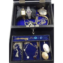 9ct gold two stone garnet pendant necklace, 9ct gold chain hallmarked, Tissot 1853 gold-plated ladies wristwatch, one other Tissot wristwatch, silver cigarette case, silver mother of pearl locket and a collection of vintage costume jewellery, all in a silk and velvet lined textured case