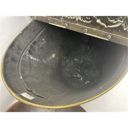 Victorian Benham & Froud Arts and Crafts brass coal scuttle, with Victorian diamond registration mark, together with a copper and brass scuttle of helmet form, tallest H50cm