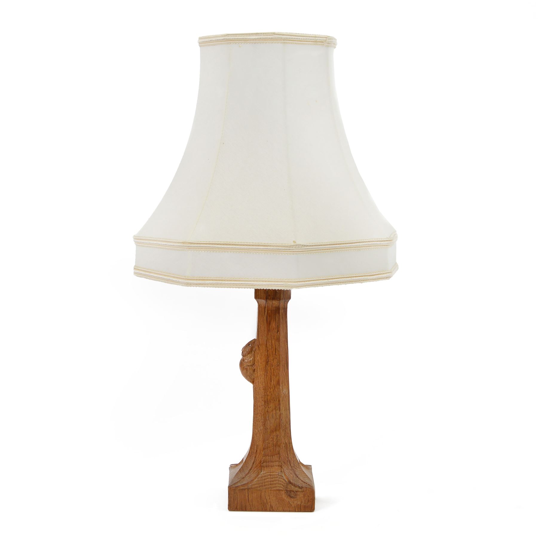 Mouseman - tooled oak table lamp, tapered octagonal stem terminating to square base carved with leaf motifs, carved with mouse signature, by the workshop of Robert Thompson, Kilburn