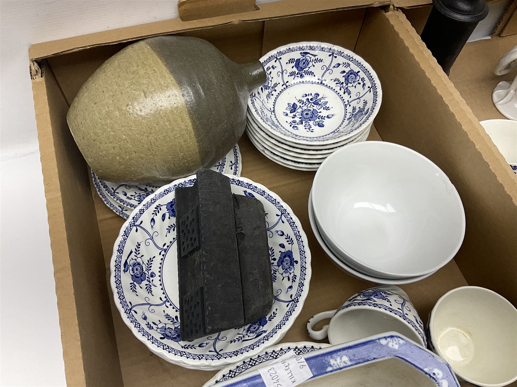 Johnson Bros Indies pattern tea and dinner wares, painted metal female bust on wooden plinth, three radios including one Roberts, Zenit B camera body, Polaroid 1000 land camera, Lorus wristwatch, and other ceramics etc, in four boxes