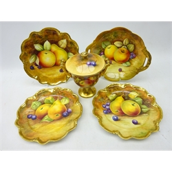  Set of three Coalport fruit painted dessert plates, matching two handled dish and a lidded two handled pedestal vase, signed by various artists (5)  