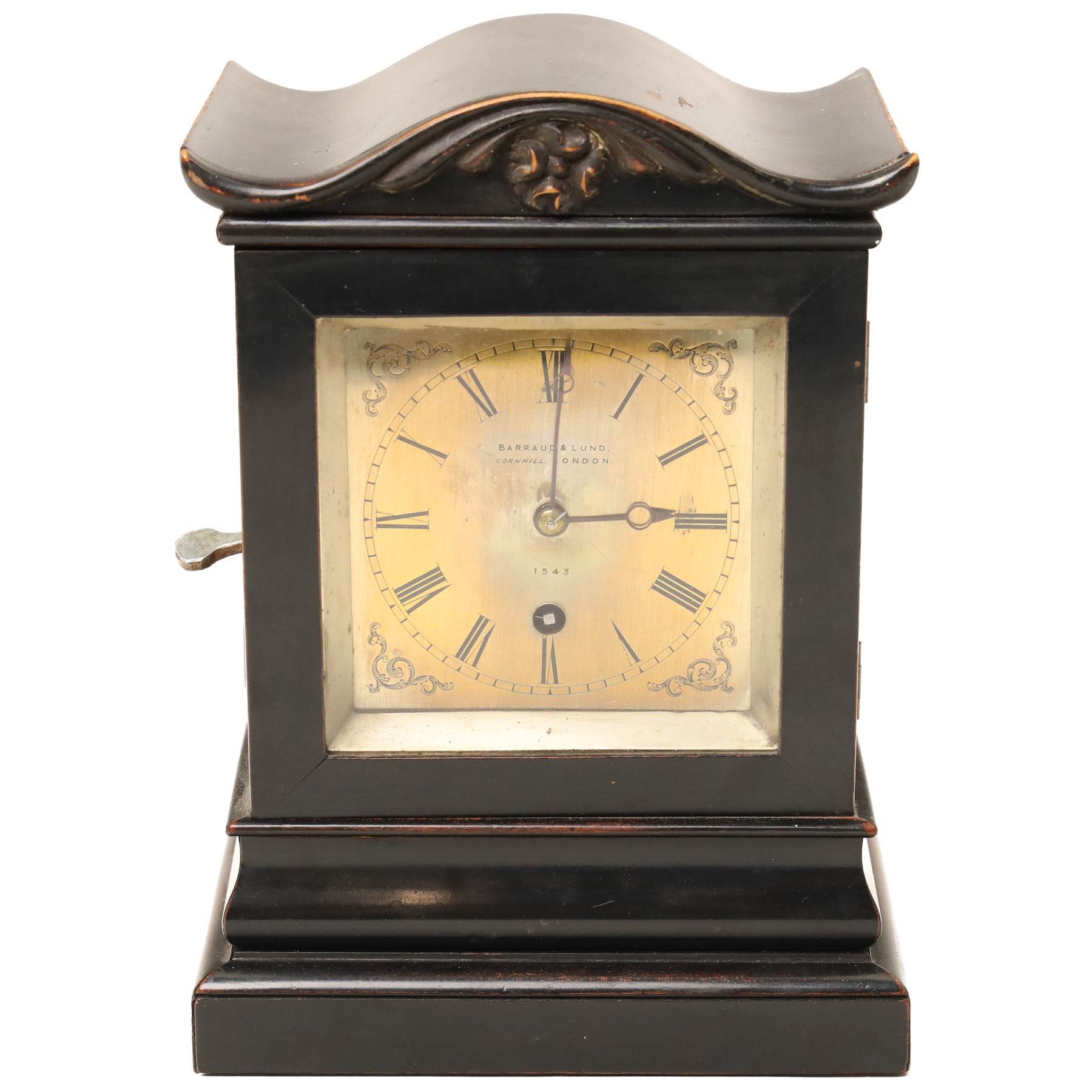 Early Victorian mantel clock, the brass dial inscribed Barraud and Lund, Cornhill, London, No 1543 with chain fusee, plain brass back plate in ebonised case with serpentine top H23cm