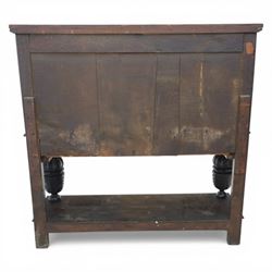 Jacobean revival oak side cabinet, rectangular top above carved frieze of stylised foliage and lunettes, fitted with a central cupboard doors with applied carved panels, above a frieze drawer, supported on turned and carved vase-shaped supports, united by stretcher tier and lower shelf