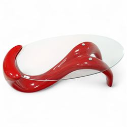 Italian post-modern style oval glass top coffee table, red painted one-piece reinforced pl...