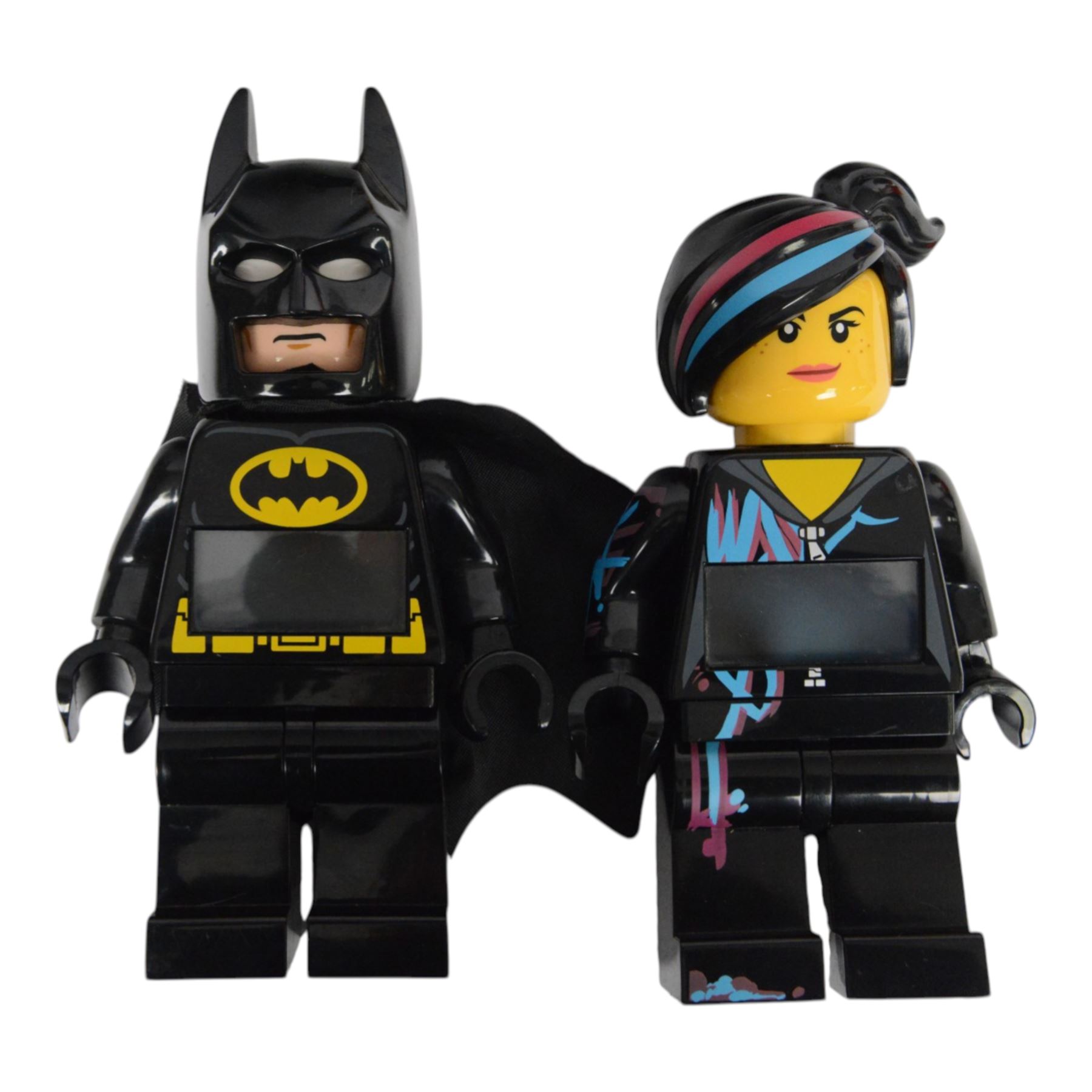 Collection of Lego minifigure alarm clocks and torches, including Batman, Superman, Storm Trooper, etc