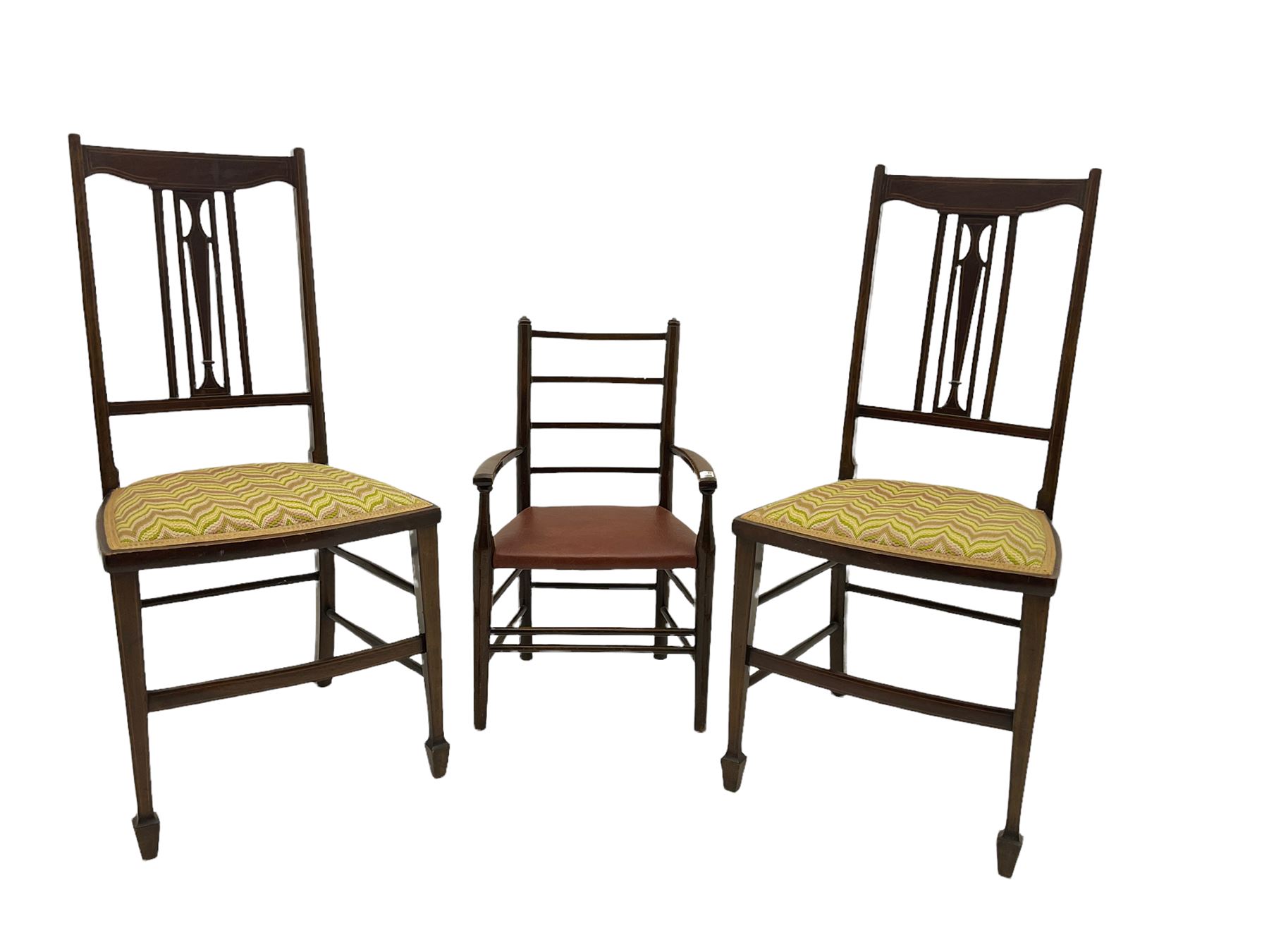 Georgian oak wall hanging corner cupboard, single bevelled glass door (W75cm, H98cm), child’s chair, pair bedroom chairs