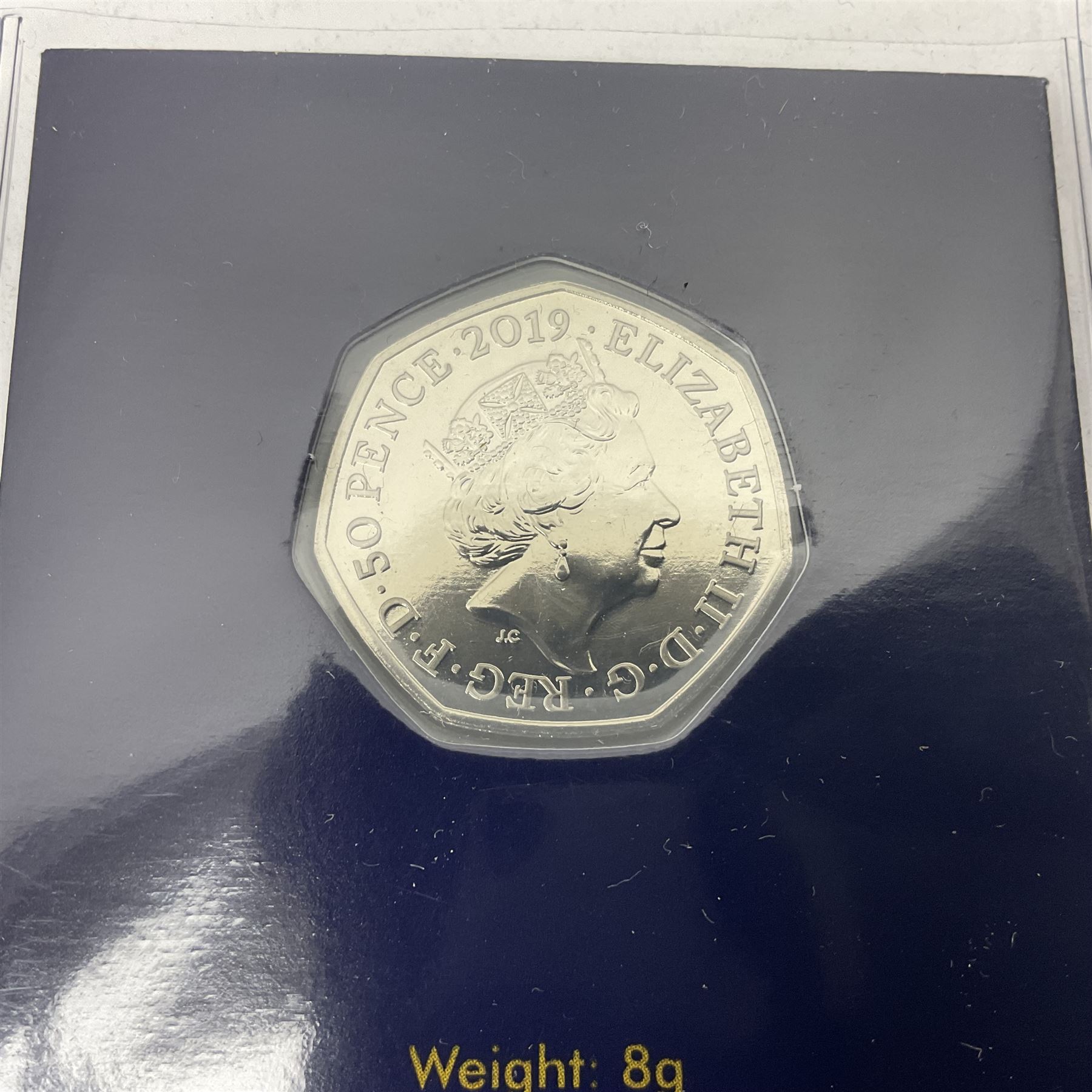 Queen Elizabeth II '50th Anniversary of the 50p 1969-2019' set of five fifty pence coins including 2019 Kew Gardens re-issue, each housed on Change Checker card