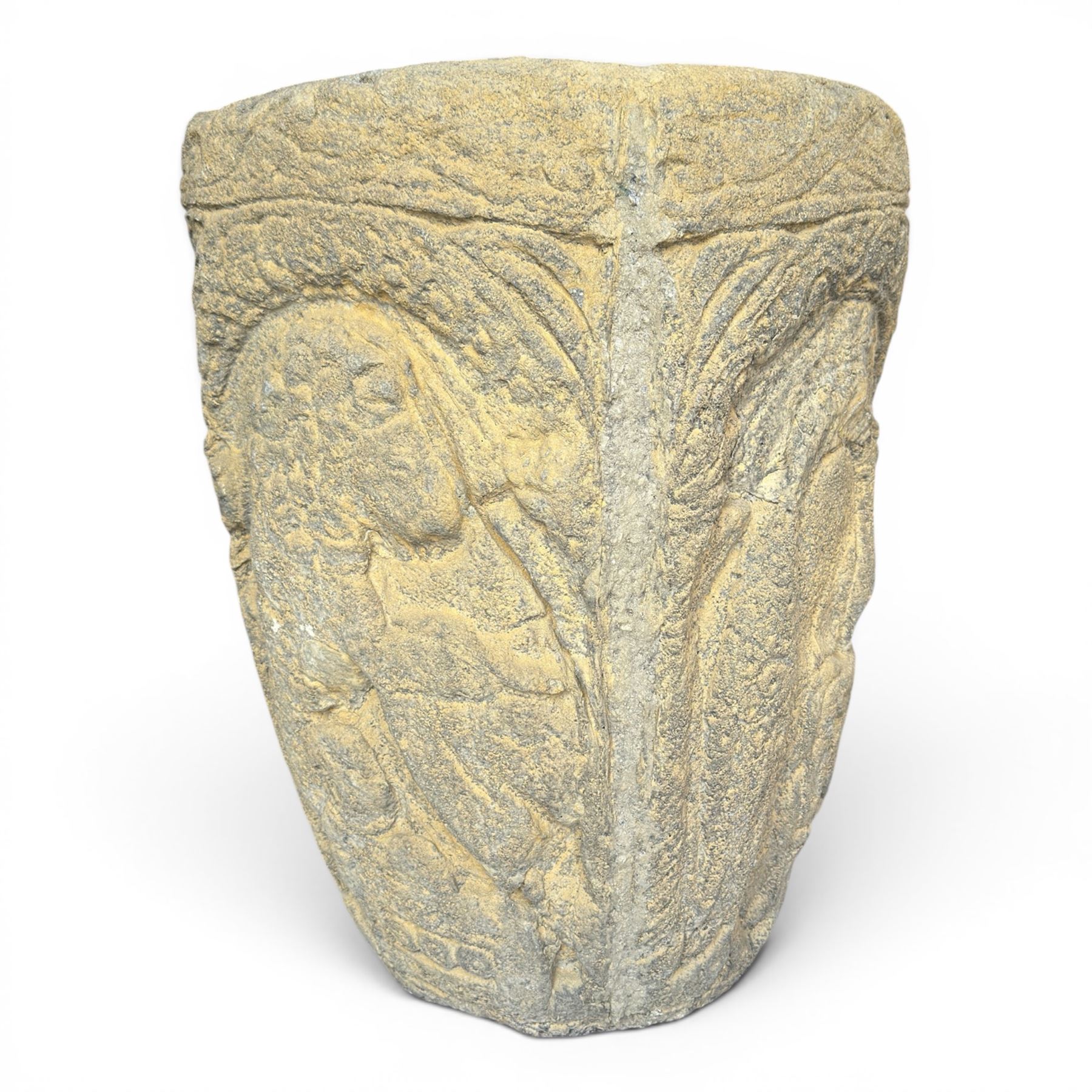 Cast stone Romanesque design urn of tapering form, decorated in relief with motifs of zoomorphic figures and swans within foliate and guilloche cast architectural arches with Neoclassical columns, in weathered finish