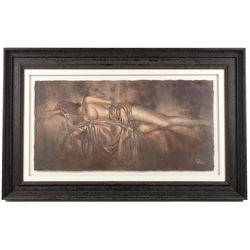 Nicolas Ruston (British 1975-): Reclining Nudes, pair of mixed media signed and dated '99, 38cm x 74cm (2)