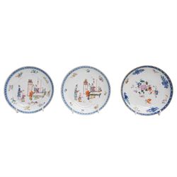 Group of eight 18th century and later Chinese famille rose and similar painted teabowls and dishes, to include unmarked peony cup, small cup decorated with flowers and butterfly, cup decorated with female figure gazing out of a window in a Buddhist temple with indistinct square character mark to base, pair of saucers unmarked, and others with character scenes unmarked (8)