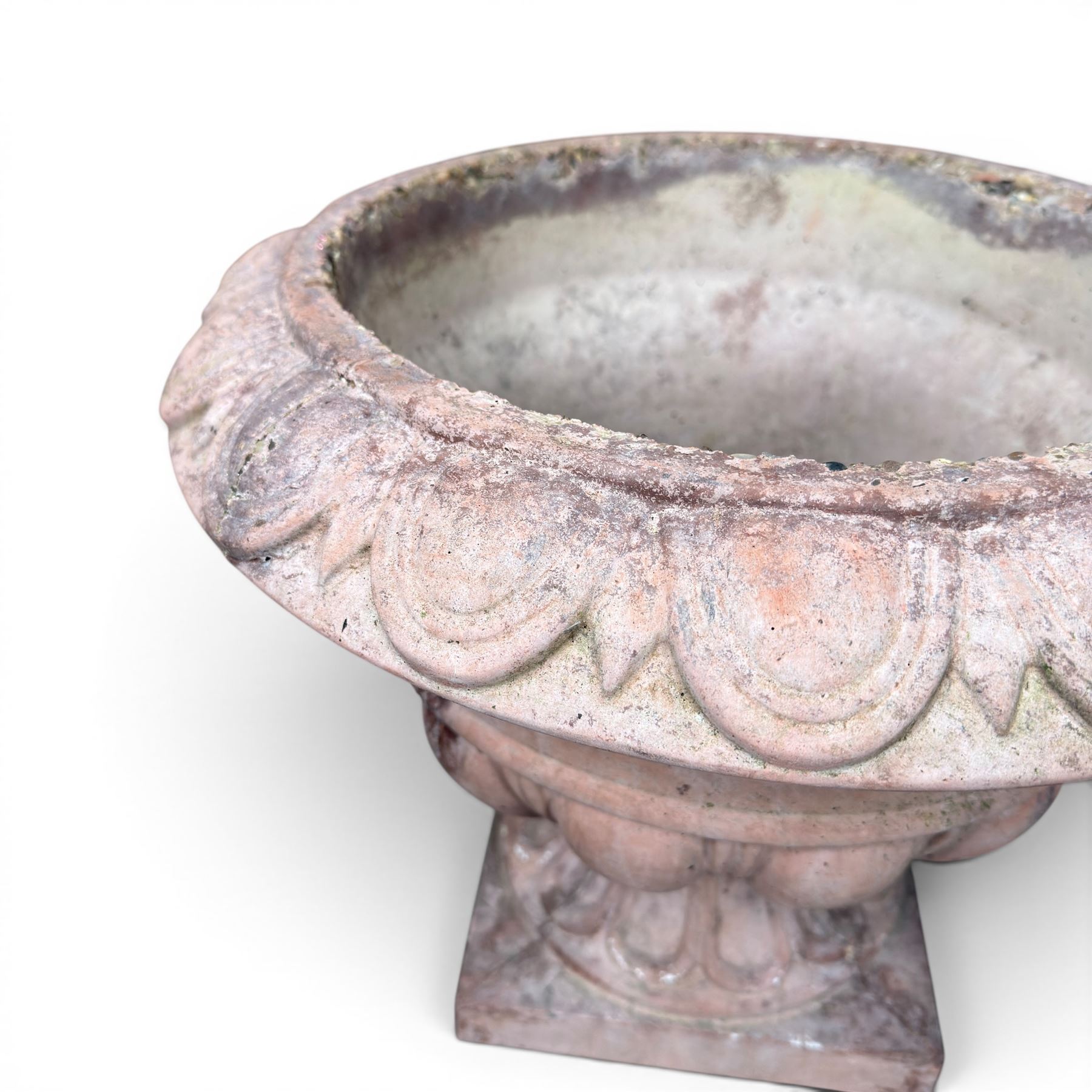 Pair of cast stone stone circular squat planters, egg and dart detail to rim, square base